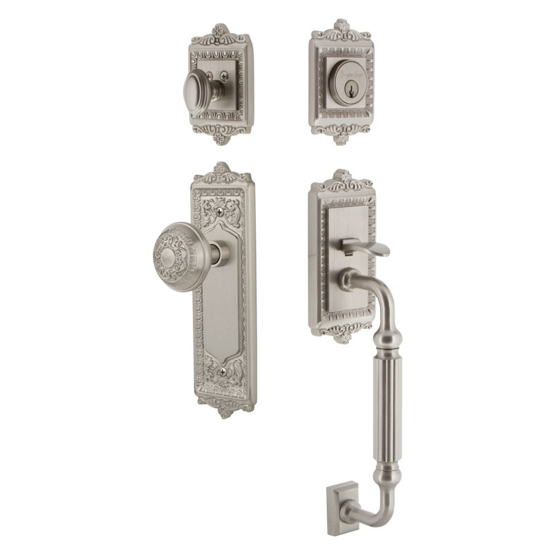 Ensemble de poignées Windsor avec pêne dormant à cylindre simple et poignée en F avec bouton Windsor, 2 3/8 po, Nickel satiné