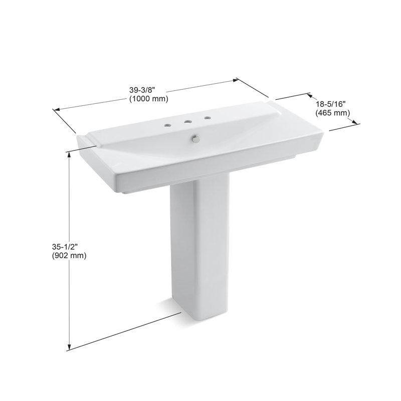 Reve Ceramic Pedestal Bathroom Sink with Overflow, Almond, 8" Centers, 35.5" H x 18.5" W x 23.58" L