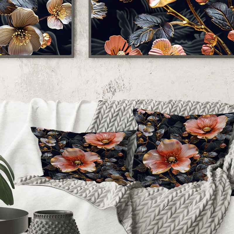 Coussin lombaire bohème rose et noir Boho Floral Meadows II, H 16 po x l 16 po, Carrée