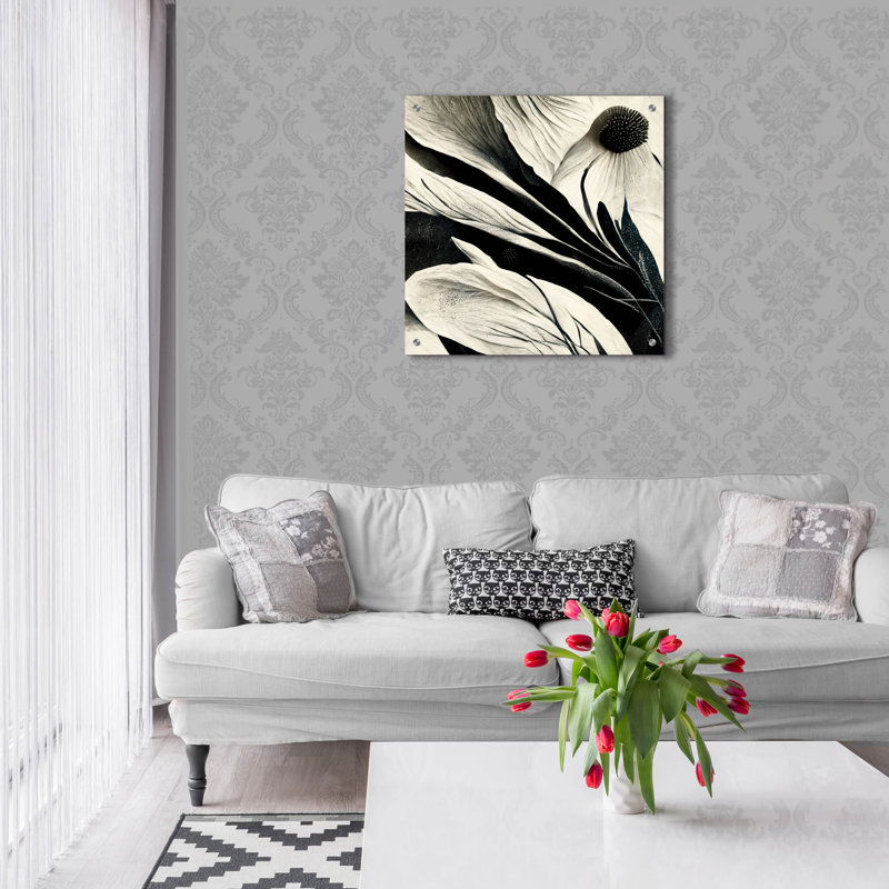 «Flowers Black White 7» par Ray Heere, art mural en verre acrylique, 12 po x 12 po, H 24 po x l 24 po x P 0,2 po