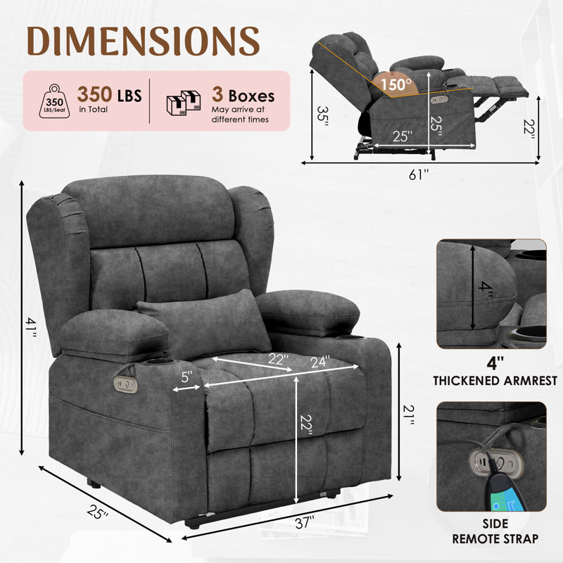 Fauteuil inclinable électrique à bascule, mouvement de bascule réglable sur 3 niveaux, massage en 8 points et chauffage lombaire, accoudoirs avec rangement, poches latérales, ports de chargement USB et Type-C