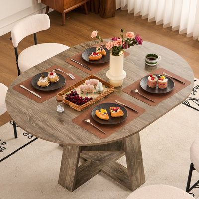 Extendable Round Dining Table for 4–8, Wood Base with Storage Shelf by Ebern Designs