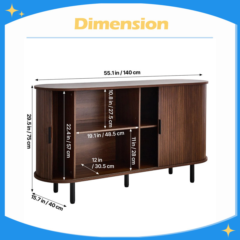 Armoire à café, table basse cannelée de style Mid-Century, armoire avec 2 portes coulissantes et buffet pour le salon