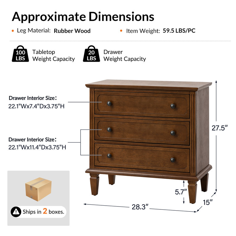 Amberlyn 28.3'' W Transitional 3-Drawer End Table with Built-In Outlet and Solid Wood Legs(Set of 2), Walnut
