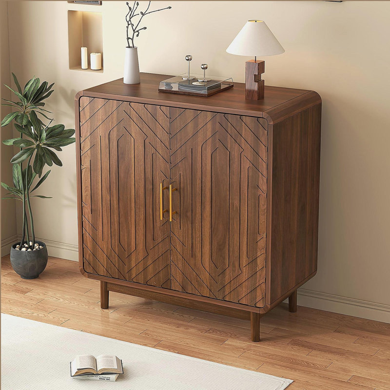 Armoire latérale et de salle à manger sculptée à finition noyer avec fonction de rangement et tablettes réglables, armoire décorative