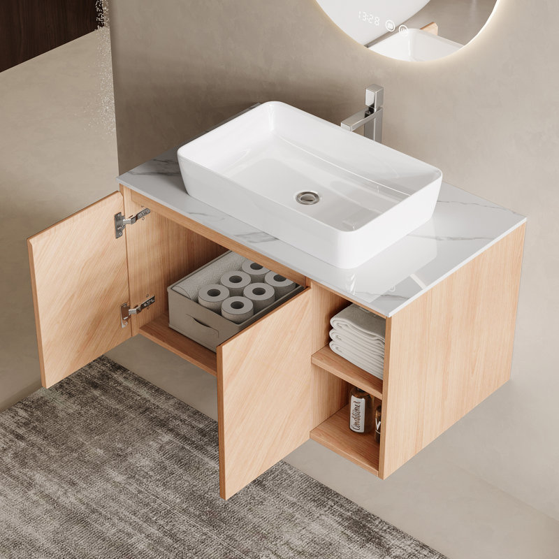 Bathroom Single Vanity Ceramic Basin, Light Wood, 30"