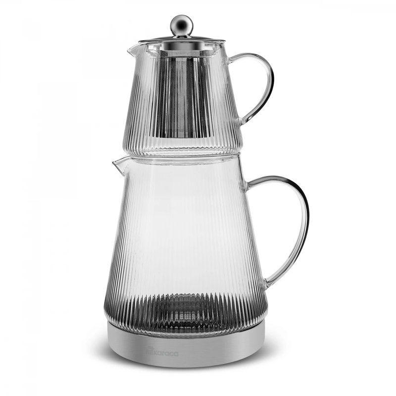 Karaca Keops Borosilicate Glass Teapot Set, Transparent Silver