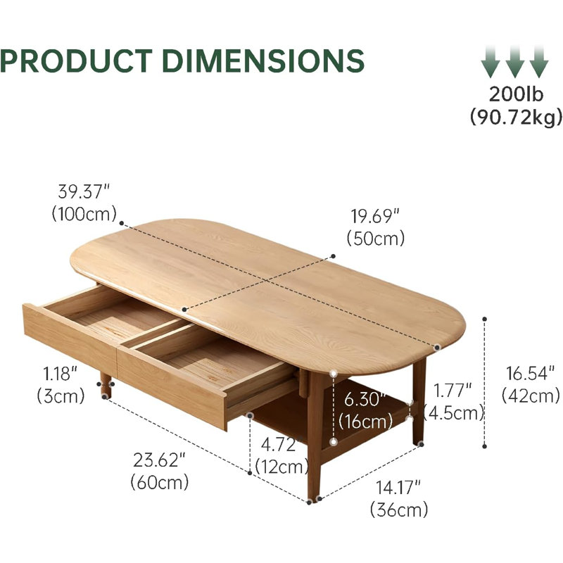 Table basse 100% chêne massif 47 "avec tablette, H 16,54 po x L 47,24 po x l 22,05 po, Chêne naturel