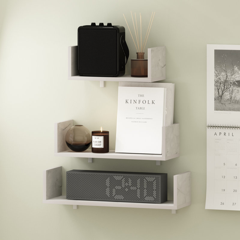 Flem 3 Piece Wall Mounted Floating Display Shelves with Invisible Brackets, Marble White