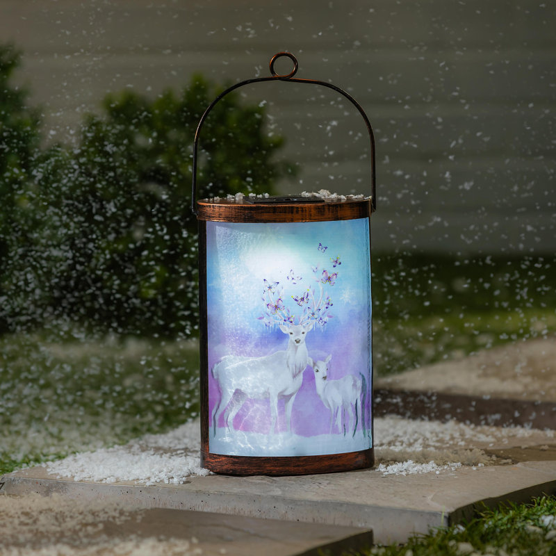 Solar LED Sparkling Reindeer Glass Lantern, 10in. H