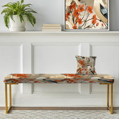Blue And Cream Bird Illustrations - Floral Upholstered Gold Bench