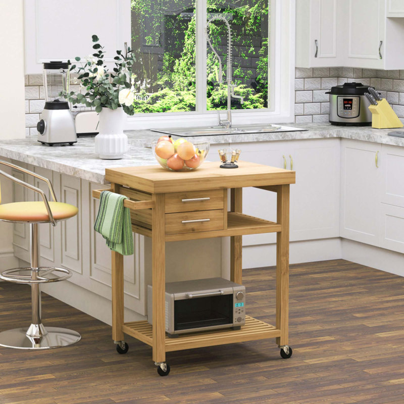Îlot de cuisine en bambou sur roulettes, chariot utilitaire avec 2 tiroirs de rangement et tablettes ouvertes