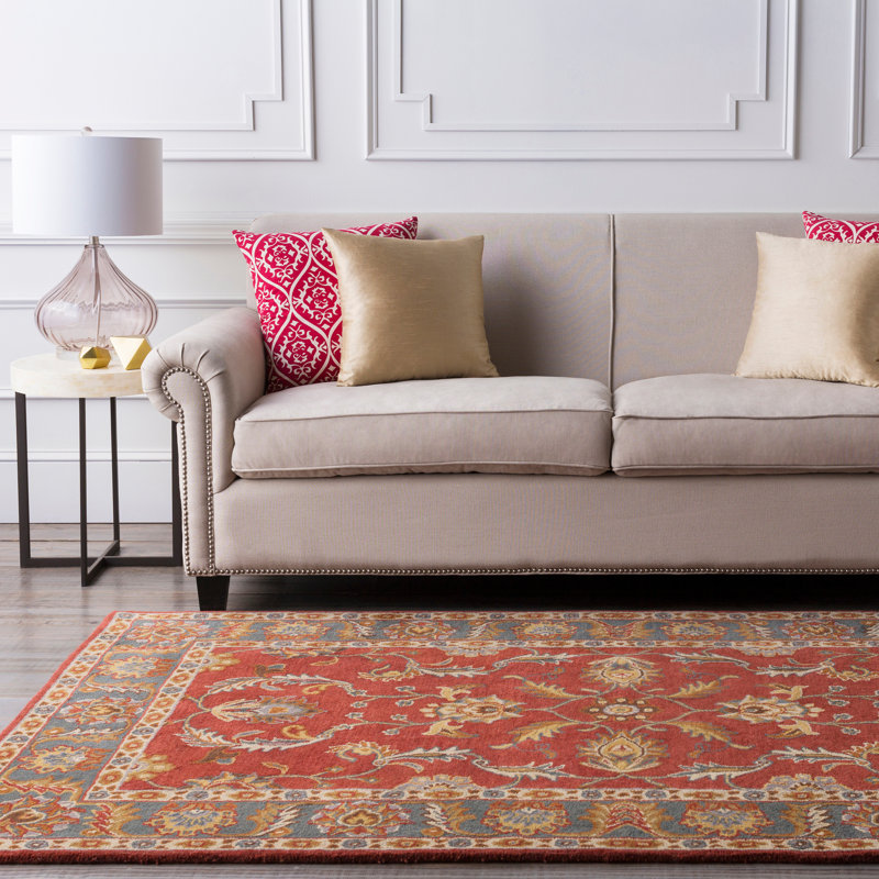Tapis oriental en laine rouge brique, bleu marine et moutarde touffeté à la main Buckhill, Rectangle 4 pi x 6 pi