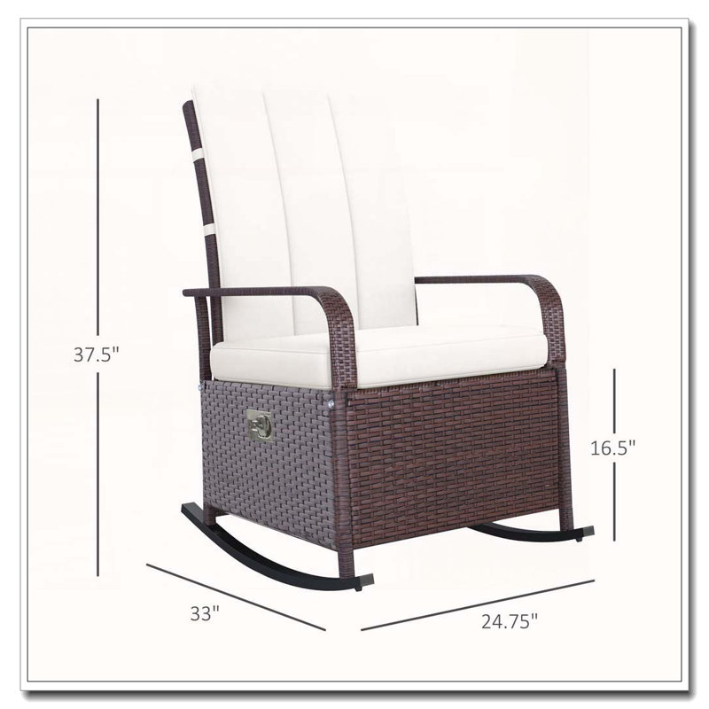 Chaise berçante réglable en rotin inclinable avec coussins moelleux, Blanc, Brun