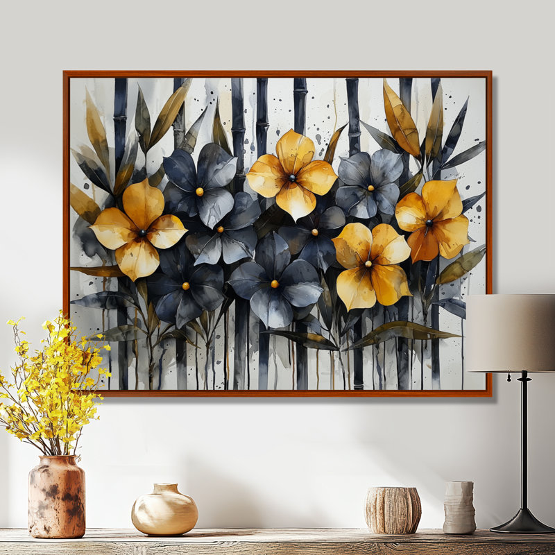 Géométrique, fleurs de bambou, horizon, art mural en bambou, H 12 po x l 20 po, Cadre flottant, Brun