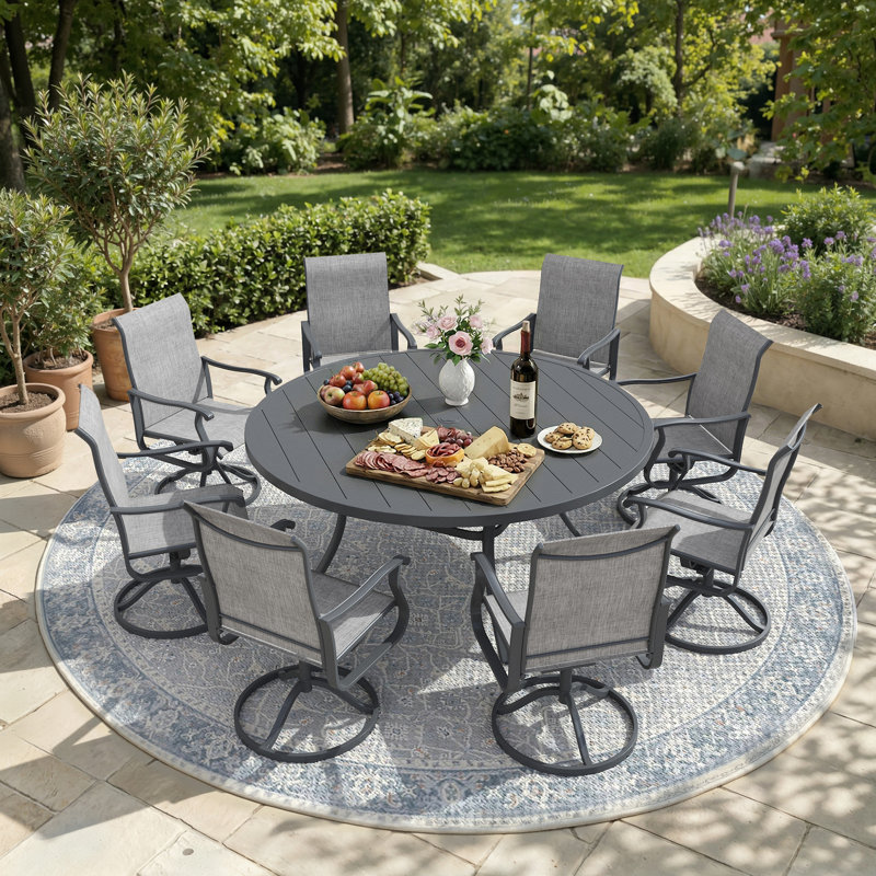 8-Person Round Patio Dining Set With 360° Swivel PVC-Coated Polyester Chairs, Gray/Gray