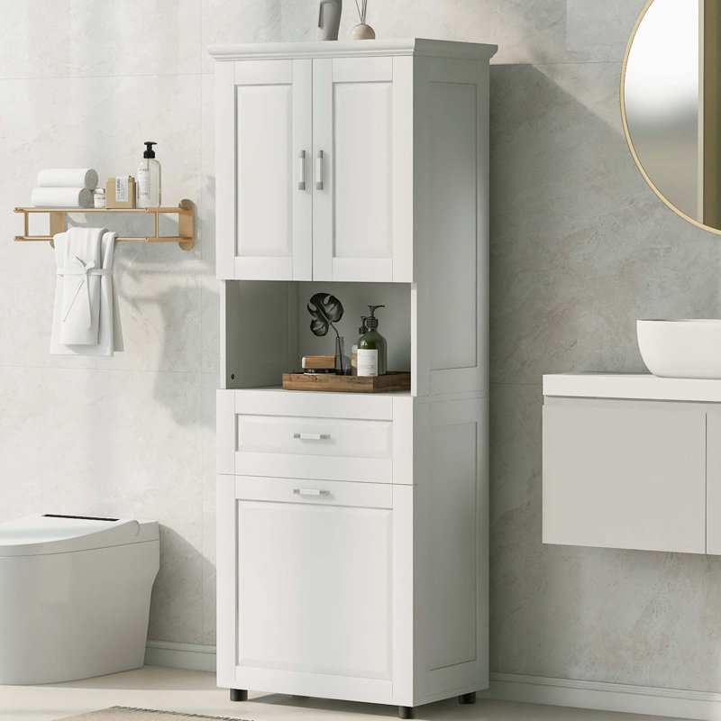 Tall Bathroom Cabinet With Laundry Basket, White