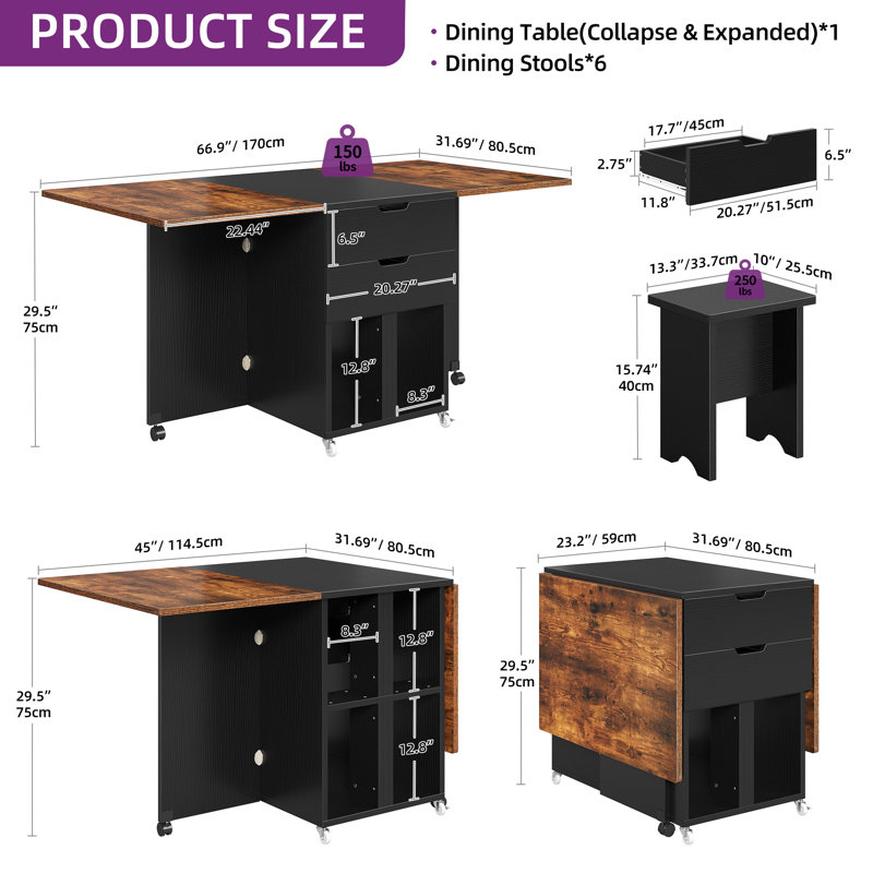 Chelia 7 - Piece Folding Extendable Dining Table Set With 6 Chairs, Brown