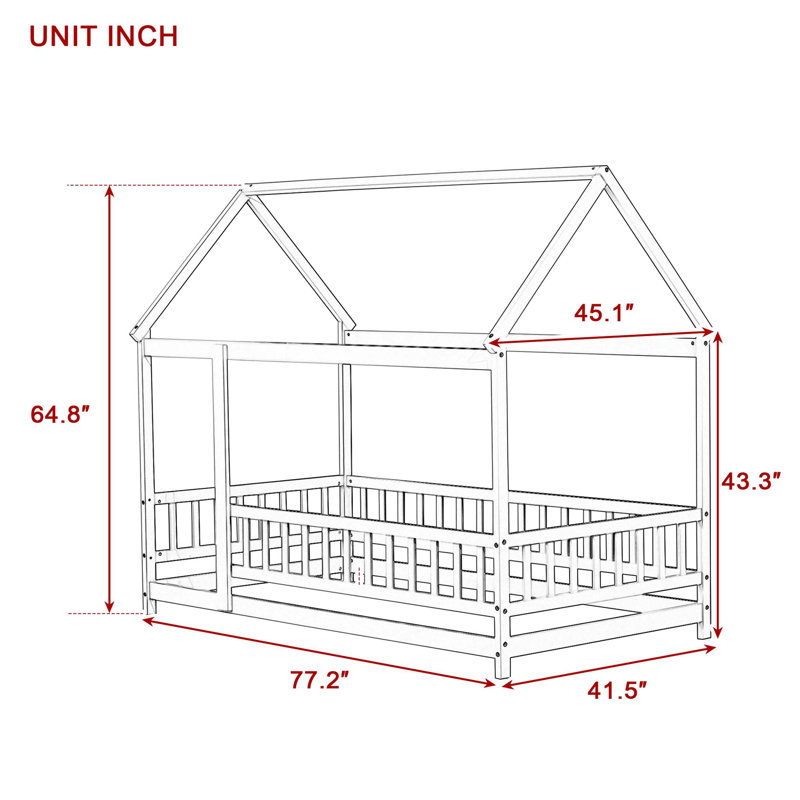 Lit en bois avec structure de toit et garde-corps de sécurité, Blanc