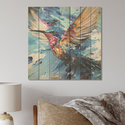 «Blue Fluttering Hummingbird Skies I» - impression de colibri sur bois