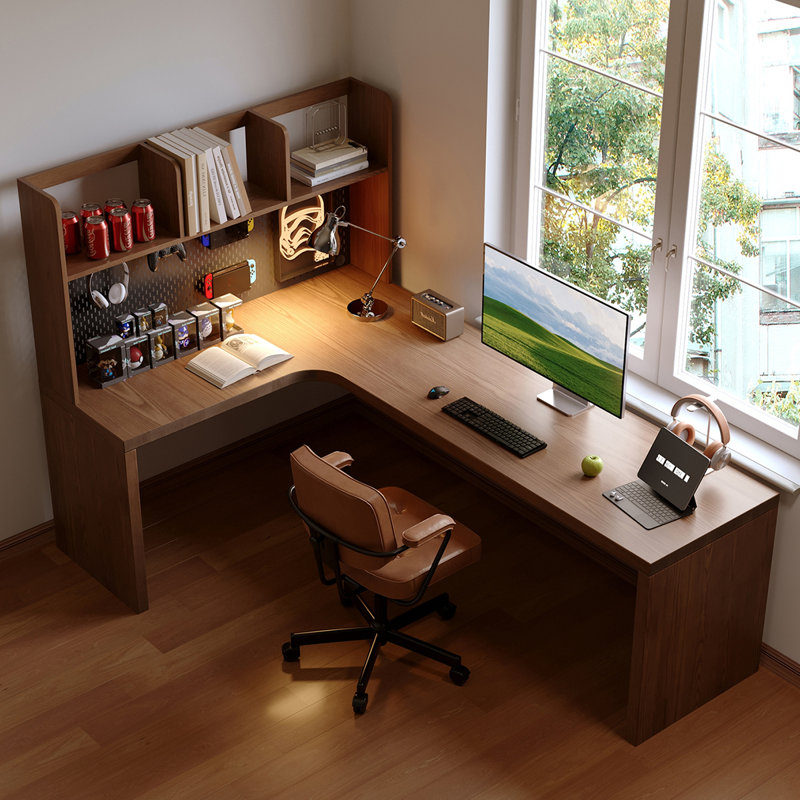 Nut-brown L-Shaped Solid Wood writing desk, 61.02" H x 62.99" W x 47.24" D, Left Hand Return