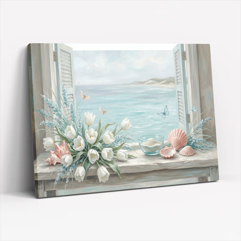 Ensemble de 1 tableau sur toile représentant une fenêtre côtière, H 32 po x l 48 po, Toile tendue