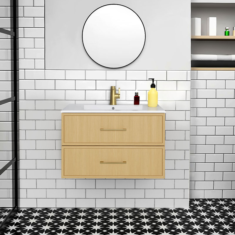 Meuble-lavabo mural 30 po avec comptoir en marbre de culture et lavabo intégré Cassidy, Natura, Doré, 30"