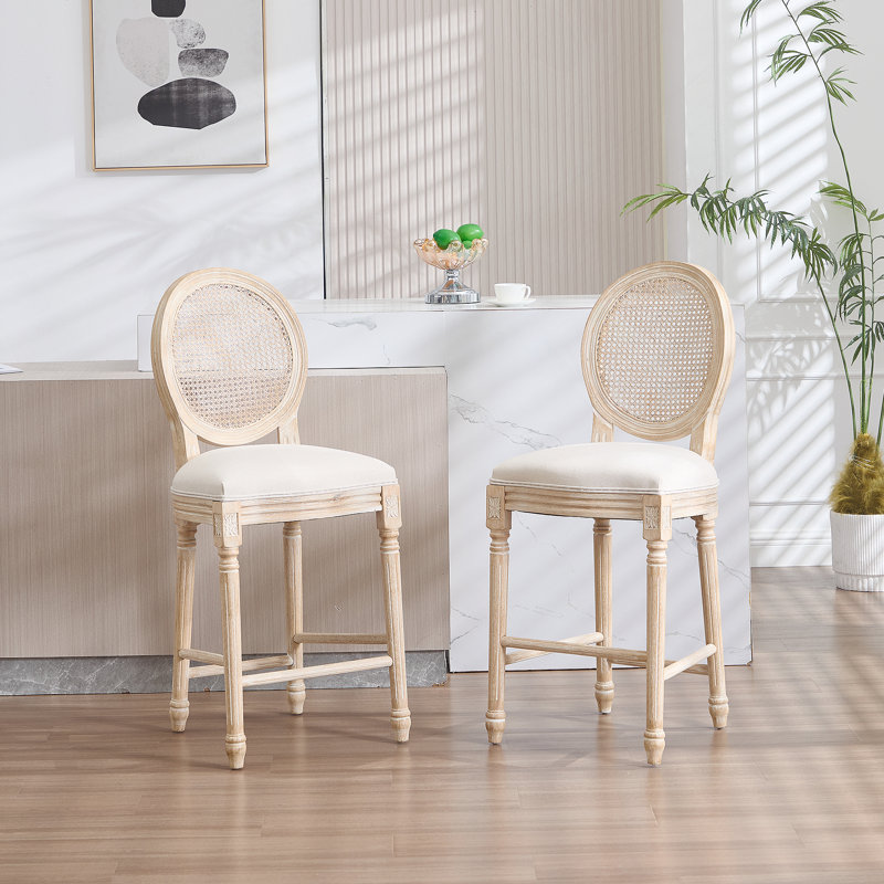 Solid Wood Bar stools Set of 2 Classic French Country Wooden Barstools with Upholstered Seating  Kitchen Bar Stool for Bar Counter Rattan - Beige