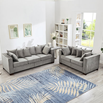 Canapé 2 places en velours 2 + 3 places au design moderne gris avec accoudoirs carrés décorés de clous argentés, sièges confortables à ressorts ensachés, housses lavables, rangement sous les coussins, assemblage nécessaire de 5 sièges