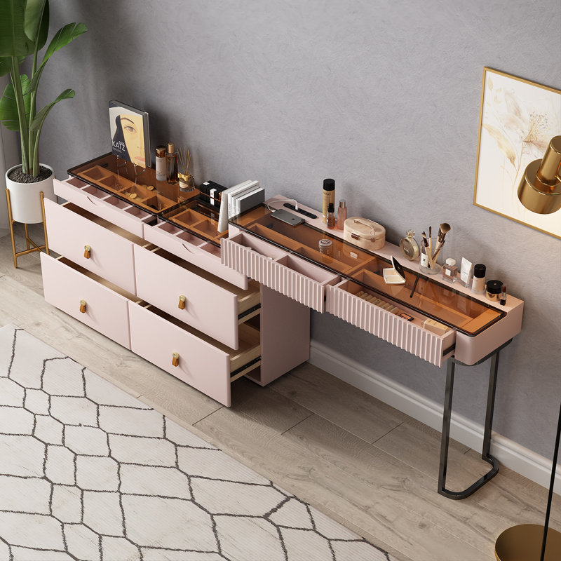Meuble-lavabo extensible de haute qualité, en forme de L, avec prise de courant, plateau de table en verre, très facile à assembler