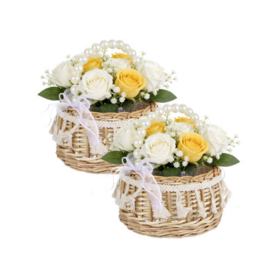 Set of 2 Handmade Flower Girl Basket with Pearl Handle – Rattan Woven Wedding Basket, Wooden Bead & Ribbon Accents, Lined Rustic Wicker Storage Basket for Boho Home Decor