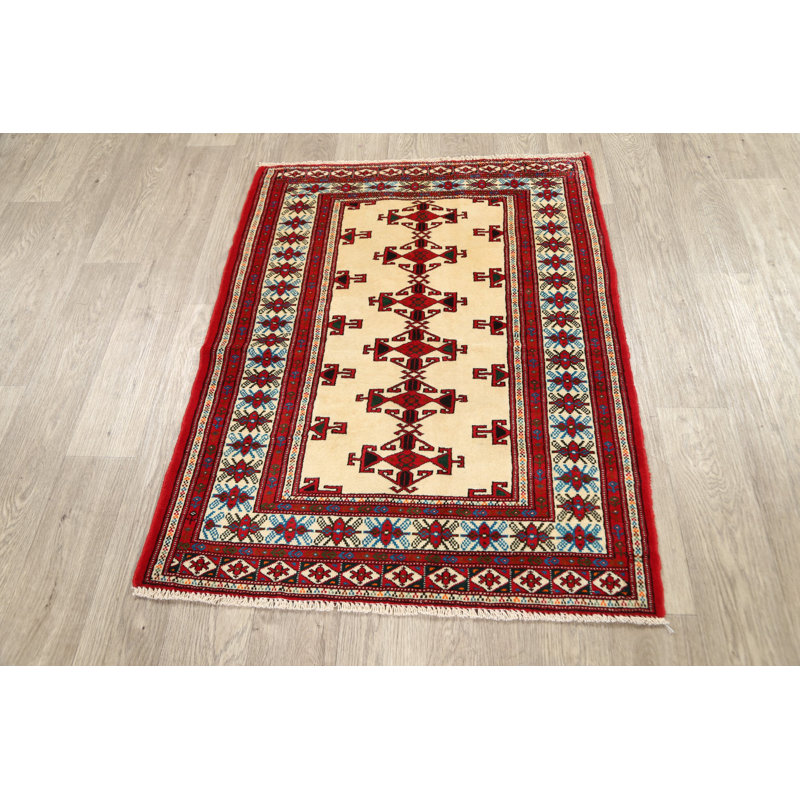 Tapis rouge / beige en laine noué à la main de conception unique 2 pi 10 po x 3 pi 10 po Austino