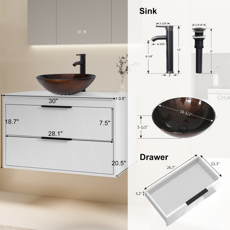 Sharee 30" Wall Mount Bathroom Vanity With Vessel Sink, White
