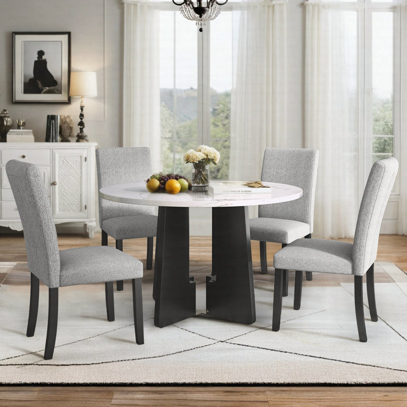 Ensemble de table de salle à manger 5 pièces 43 po et 4 chaises rembourrées, Gris, Blanc