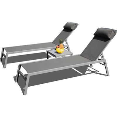 Chaise longue d'extérieur, 3 pièces en aluminium, tissu, 5 positions de dossier réglables, gris, pour le jardin, la pelouse, les chaises en aluminium au bord de la piscine, le patio,