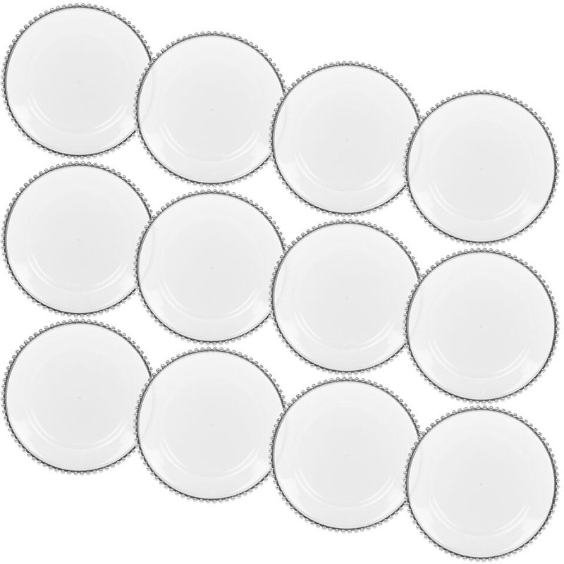 12 x 32cm Clear Charger Plates Set with Metallic Beaded Coloured Rim Party Table, Silver