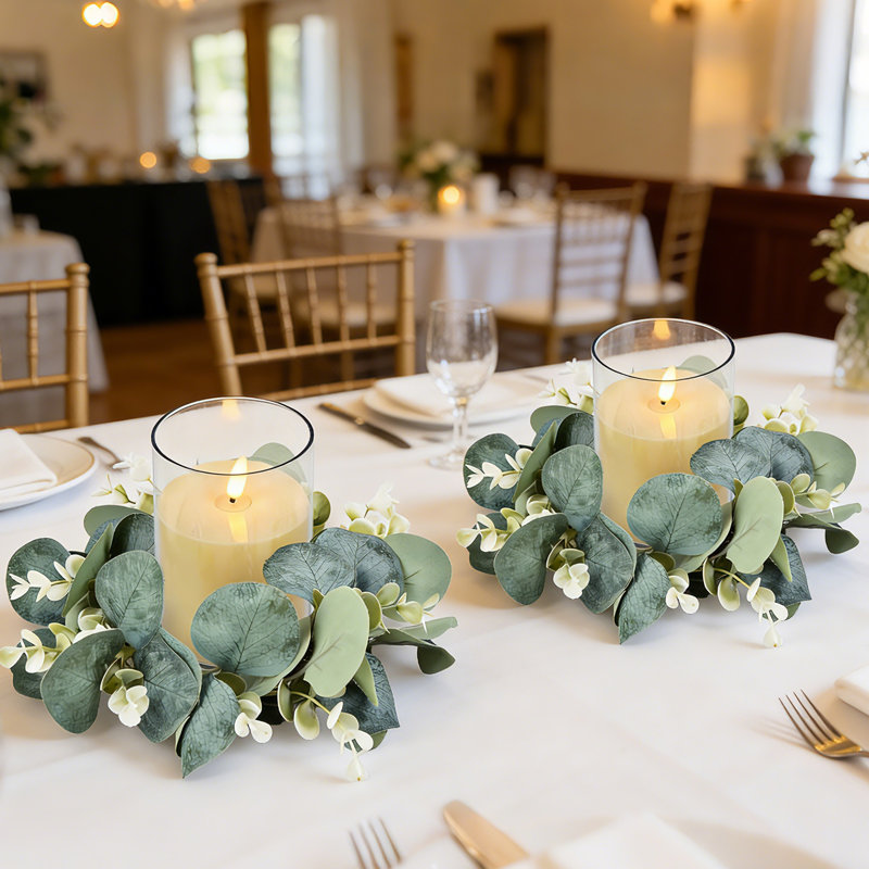 Ensemble de 6 bougies DEL sans flamme avec anneaux d'eucalyptus, 4 bougeoirs de couronne de verdure, centres de table de mariage