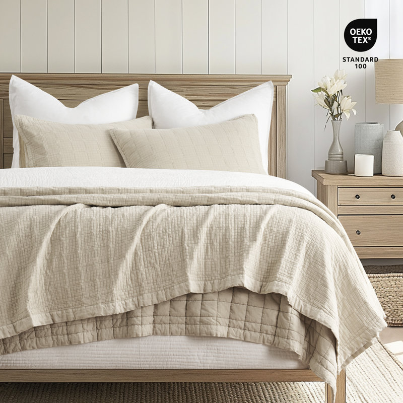 Stonewashed Crinkle Cotton Box Stitch Quilt Set, Flax Beige, King Quilt + 2 King Shams