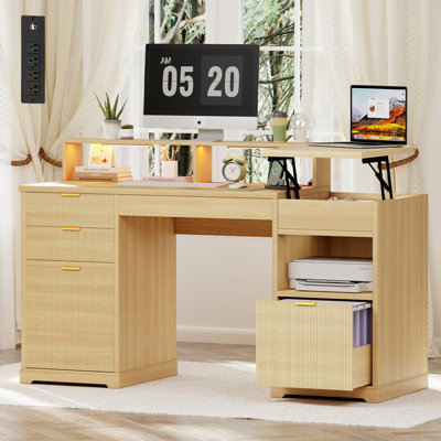 63"W Large Modern Fluted Executive Lift Top Desk with File Storage, Wood Home Office Desk With Charging Station, Computer Desk With 3 Drawers, LED Writing Work Desk With Monitor Stand, Natural, Gift