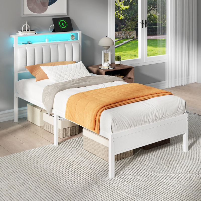 Bed Frame with Charging Station, LED Lights, Upholstered Headboard, 2-Tier Storage Shelve, Twin, White