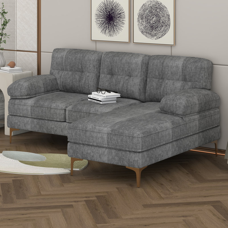 Canapés modulaires modernes en velours avec canapé en L et repose-pieds, Gris clair
