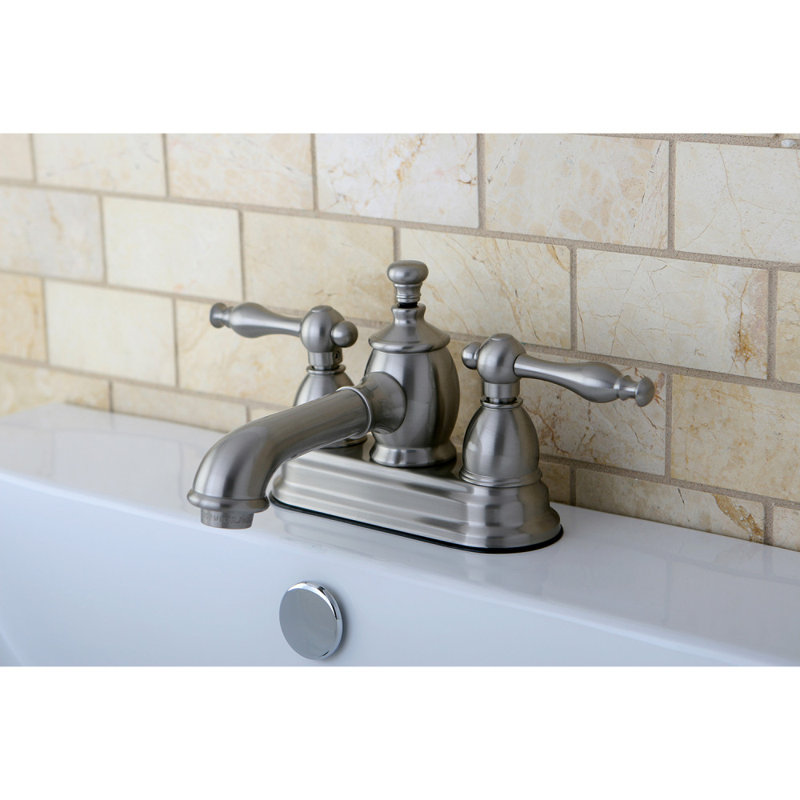 Kingston Brass Naples Two-Handle 3-Hole Deck Mount 4" Centerset Bathroom Faucet with Brass Pop-Up, Brushed Nickel