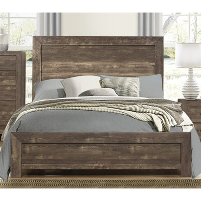 Lit double en bois brun rustique pleine grandeur, avec tête de lit, rails et sommier tapissier en brun, mobilier avec rails