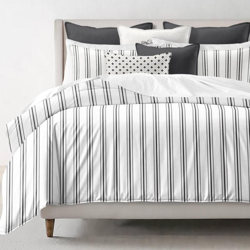 August Stripe Reversible Cotton Duvet Cover Set, Cal.King Duvet Cover + 2 King Shams, Ebony
