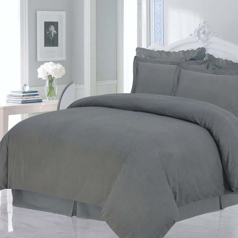 Traditional Cotton Flannel Duvet Cover, Queen Duvet Cover + 2 Standard Shams, Grey