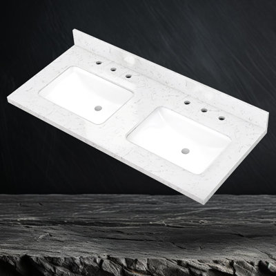 48'' W X 22'' D Engineered Stone Carrara White Vanity Top Double Sinks Center Drain Bathroom Countertop Rectangular Undermount Ceramic Sink with 8 In. Widespread Pre-Drilled Faucet Hole & 4 In. H Backsplash