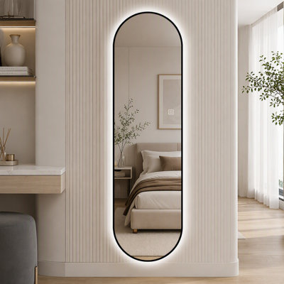 Miroir mural pleine longueur à DEL dimmable en forme de capsule de 65 po x 18 po avec cadre noir