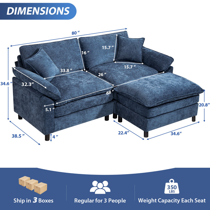 Upholstered L-Shape Sectional With Ottoman, 34.6" H x 80" W x 57.8" D, Blue Chenille