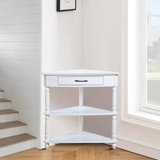 Retro style space saving triangular corner table with drawers and three tiered shelves suitable for corner bedrooms, living rooms, kitchens