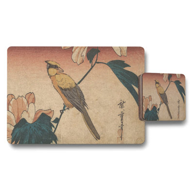 Bird and Flower Placemat and Coaster Set in Ukiyoe Style